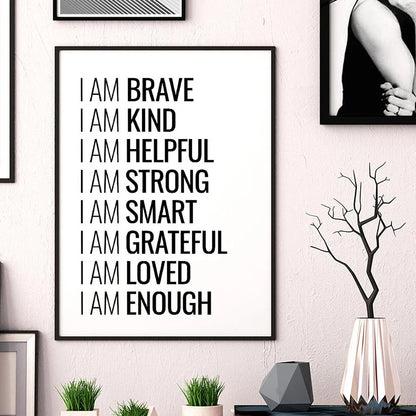 I Am Enough Inspirational Quotation Wall Art Canvas Print Black White Daily Mantra Motivational Poster For Bedroom Decor