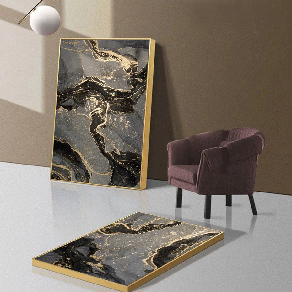 Abstract Black Gray Golden Liquid Marble Print Wall Art Fine Art Canvas Prints For Modern Apartment Living Room Home Office Decor