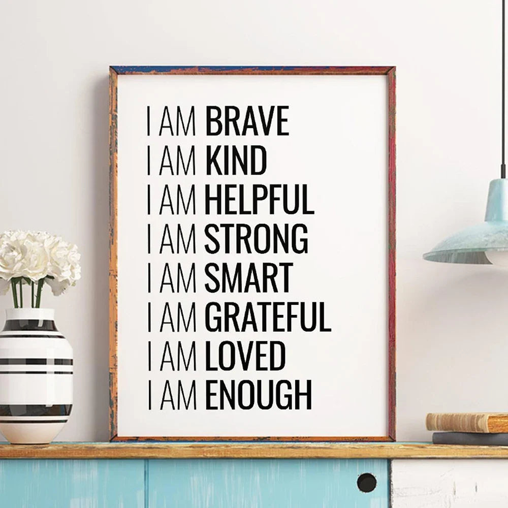 I Am Enough Inspirational Quotation Wall Art Canvas Print Black White Daily Mantra Motivational Poster For Bedroom Decor