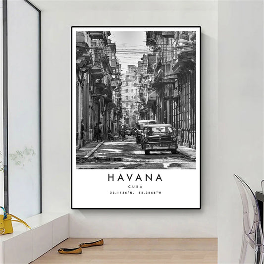 Cuba Havana Black & White Travel Poster Wall Art Canvas Prints For Living Room Dining Room