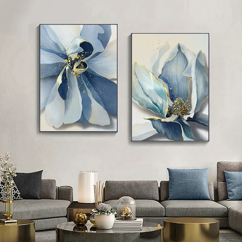 Large Blue Flowers Watercolor Wall Art Canvas Prints Botanical Abstract Posters For Modern Living Room Bedroom Wall Art Decor
