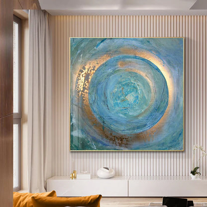 Blue Golden Swirl Circle Wall Art Canvas Prints Square Format Abstract Poster For Living Room Bedroom Office Art Decor