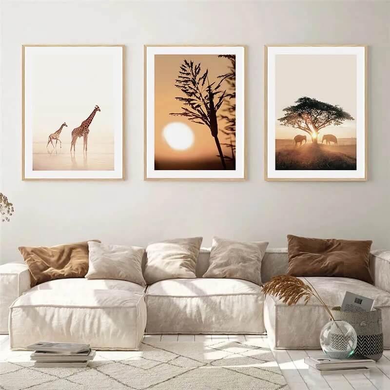 Sunset African Savanna National Park Poster Wildlife Wall Art Giraffe Nature Landscape Canvas Prints For Modern Living Room Home Décor