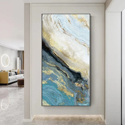 Blue Golden Liquid Marble Wall Art Canvas Prints For Modern Apartment Luxury Living Room Wall Decor