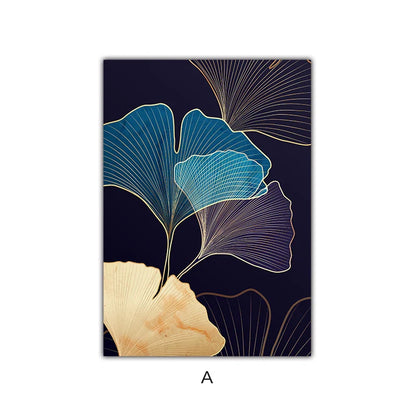 Abstract Botanical Tropical Blue Ginkgo Leaves Wall Art Fine Art Canvas Prints For Living Room Bedroom Hotel Room Decor