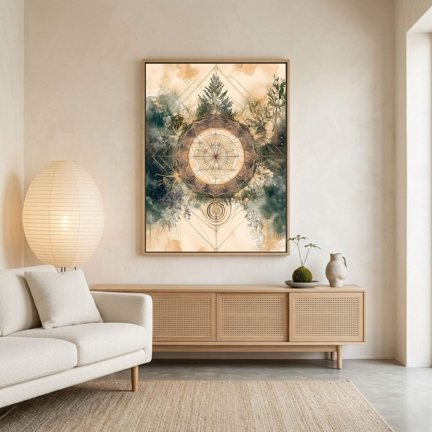 Sacred Geometry Nature Mandala Framed Wall Art Canvas Print - Boho Botanical Spiritual Artwork
