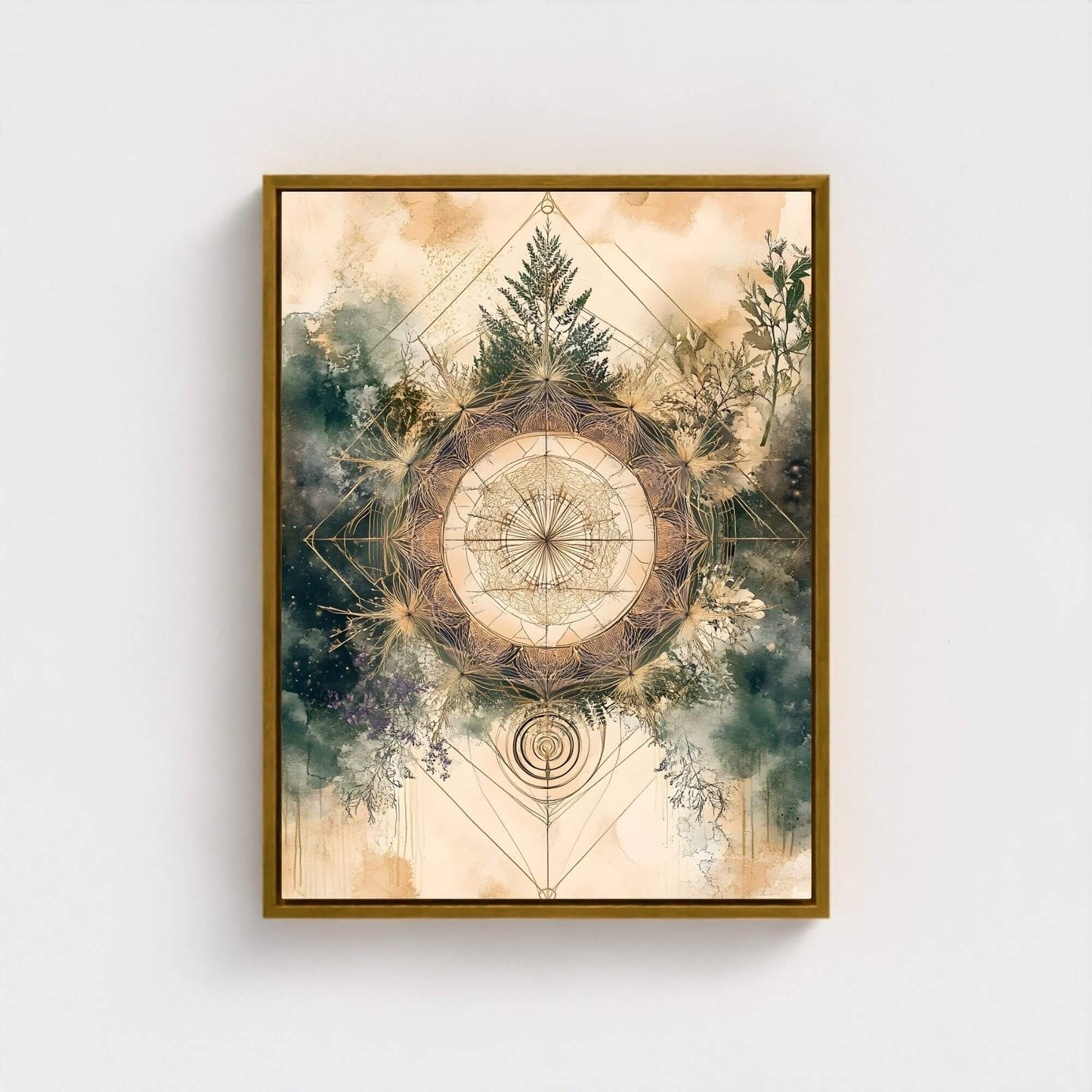 Sacred Geometry Nature Mandala Framed Wall Art Canvas Print - Boho Botanical Spiritual Artwork