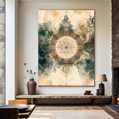 Sacred Geometry Nature Mandala Framed Wall Art Canvas Print - Boho Botanical Spiritual Artwork
