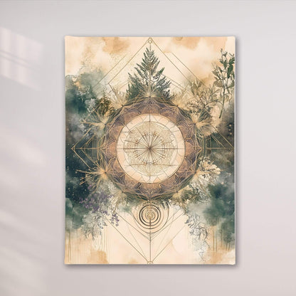 Sacred Geometry Nature Mandala Framed Wall Art Canvas Print - Boho Botanical Spiritual Artwork