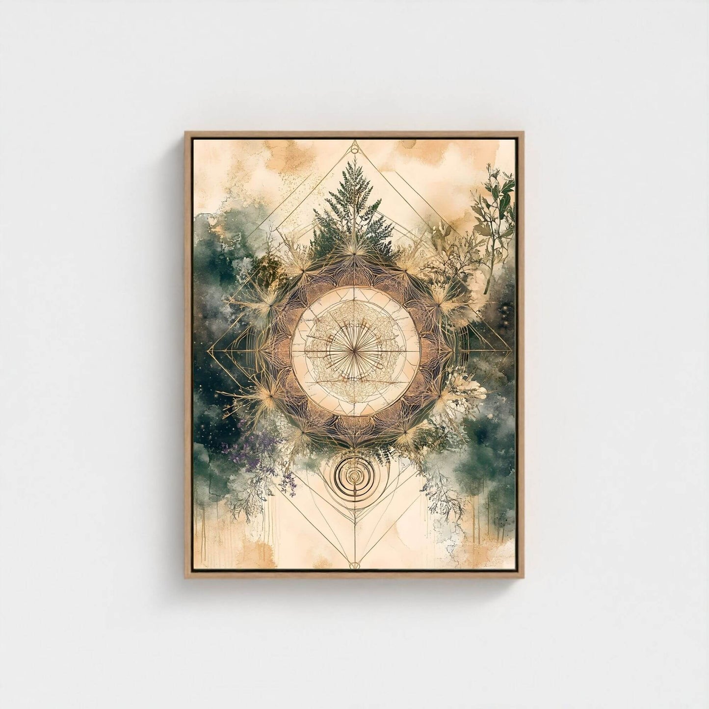 Sacred Geometry Nature Mandala Framed Wall Art Canvas Print - Boho Botanical Spiritual Artwork