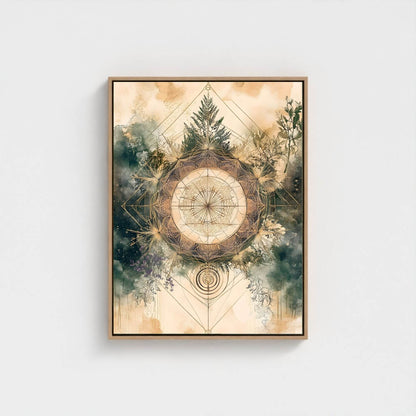 Sacred Geometry Nature Mandala Framed Wall Art Canvas Print - Boho Botanical Spiritual Artwork