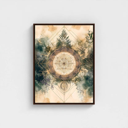 Sacred Geometry Nature Mandala Framed Wall Art Canvas Print - Boho Botanical Spiritual Artwork
