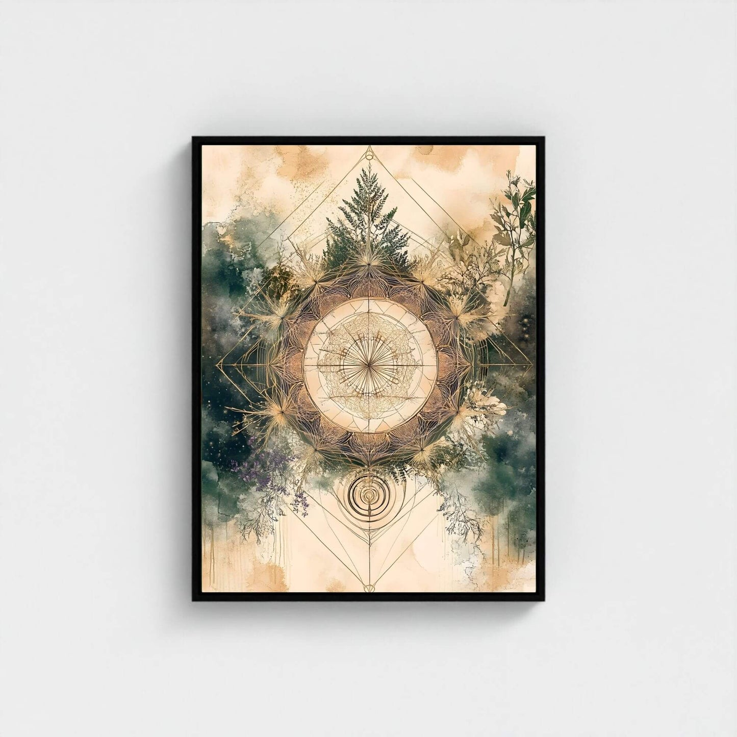 Sacred Geometry Nature Mandala Framed Wall Art Canvas Print - Boho Botanical Spiritual Artwork