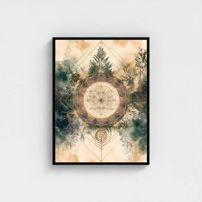 Sacred Geometry Nature Mandala Framed Wall Art Canvas Print - Boho Botanical Spiritual Artwork