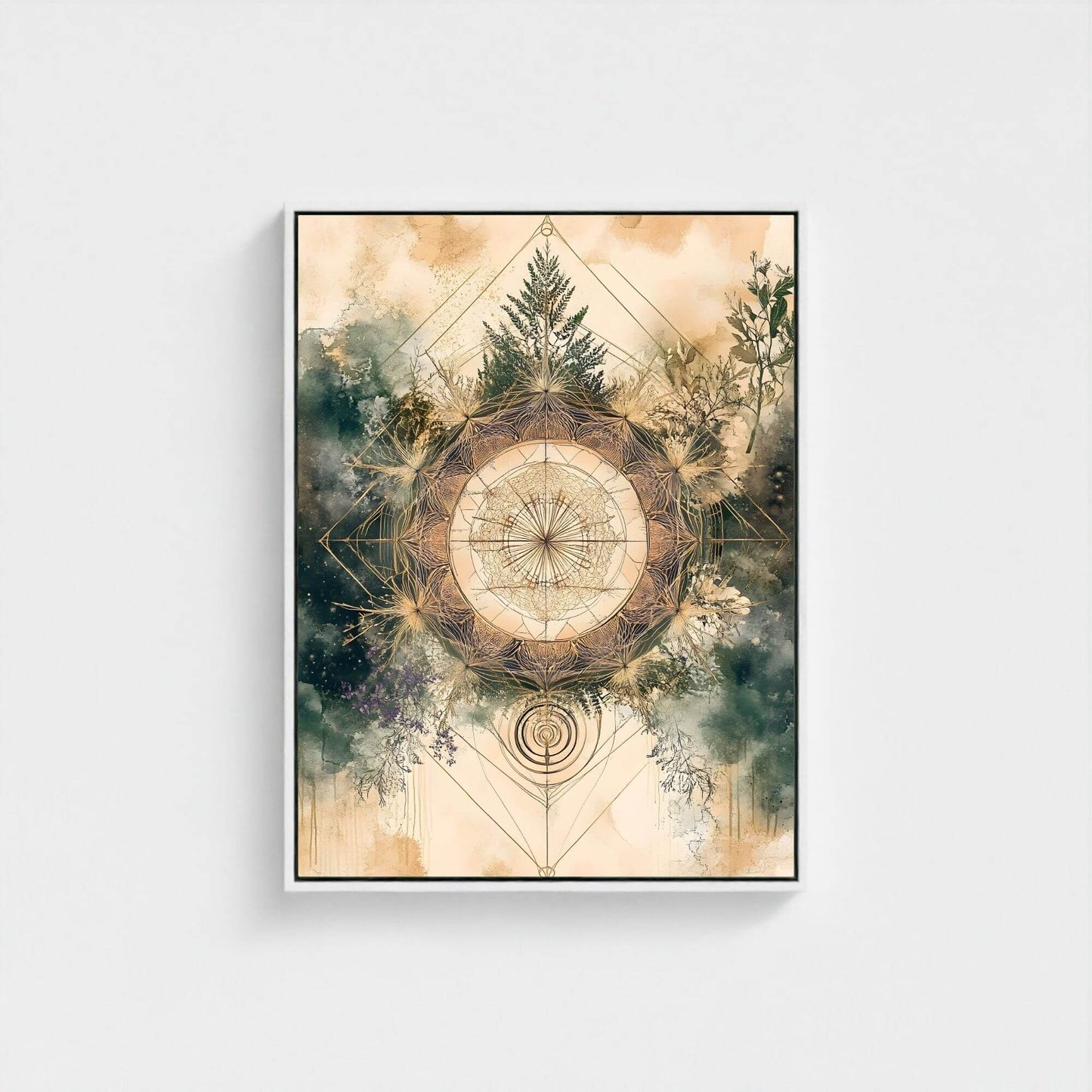 Sacred Geometry Nature Mandala Framed Wall Art Canvas Print - Boho Botanical Spiritual Artwork