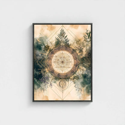 Sacred Geometry Nature Mandala Framed Wall Art Canvas Print - Boho Botanical Spiritual Artwork