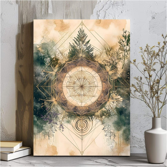 Sacred Geometry Nature Mandala Framed Wall Art Canvas Print - Boho Botanical Spiritual Artwork
