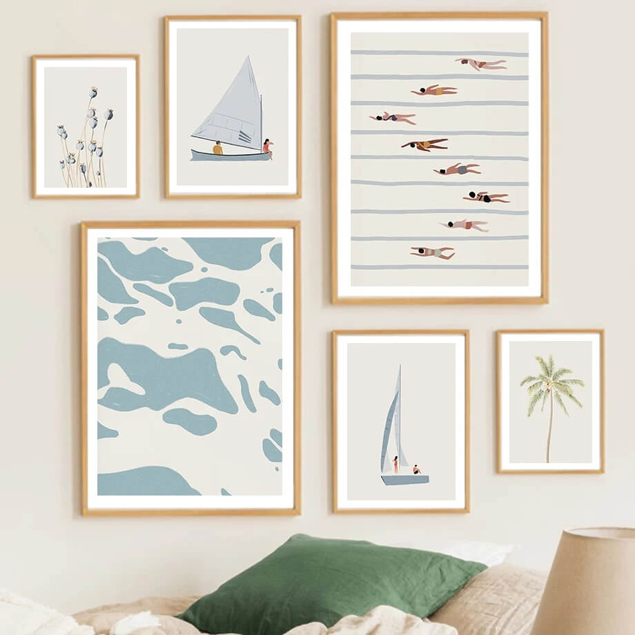 Sailboat Swimming Pool Ocean Minimalist Wall Art Canvas Prints Nordic Pastel Posters Pictures For Modern Living Room Loft Home Décor