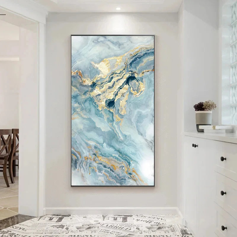 Blue Golden Liquid Marble Wall Art Canvas Prints For Modern Apartment Luxury Living Room Wall Decor