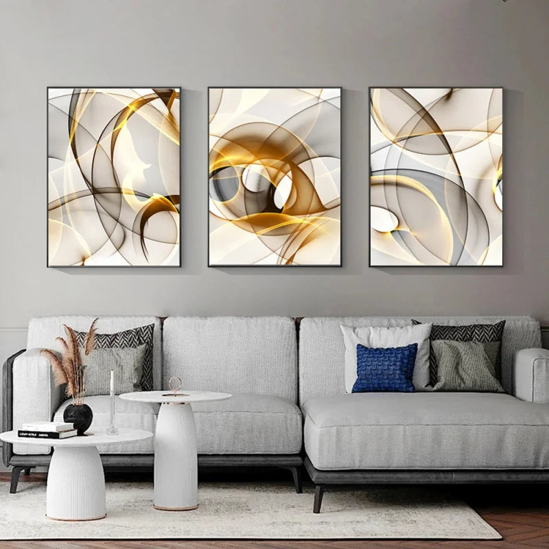 Abstract Flowing Black Golden Line Wall Art Canvas Prints Pictures For Modern Apartment Living Room Home Office Decor