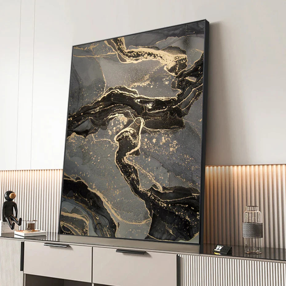 Abstract Black Gray Golden Liquid Marble Print Wall Art Fine Art Canvas Prints For Modern Apartment Living Room Home Office Decor