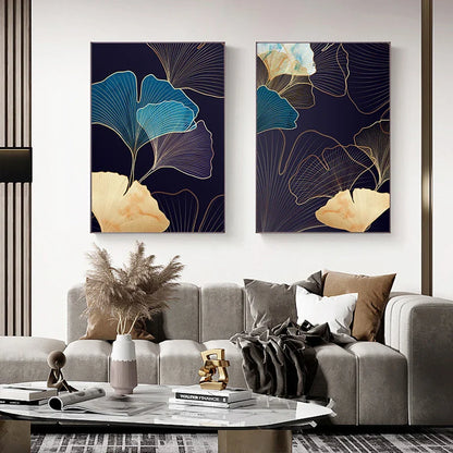Abstract Botanical Tropical Blue Ginkgo Leaves Wall Art Fine Art Canvas Prints For Living Room Bedroom Hotel Room Decor