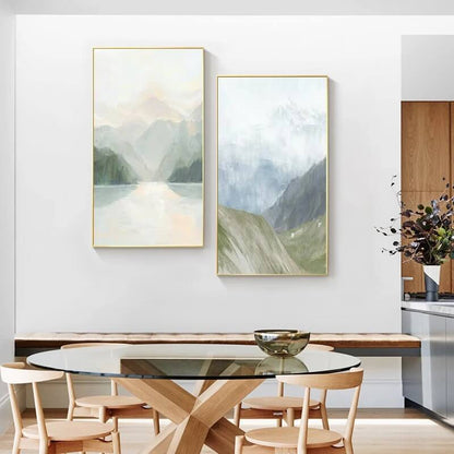 Scandinavian Green Mountain Canvas Print Wall Art Abstract Landscape Pastel Large Poster For Modern Dining Room Wall Décor