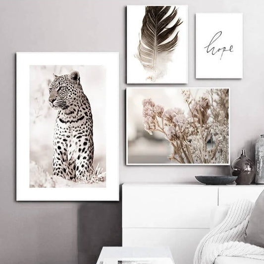 Scandinavian Poster Leopard Feather Flower Nordic Wall Art Wild Animal Fine Art Canvas Prints Modern Home Décor