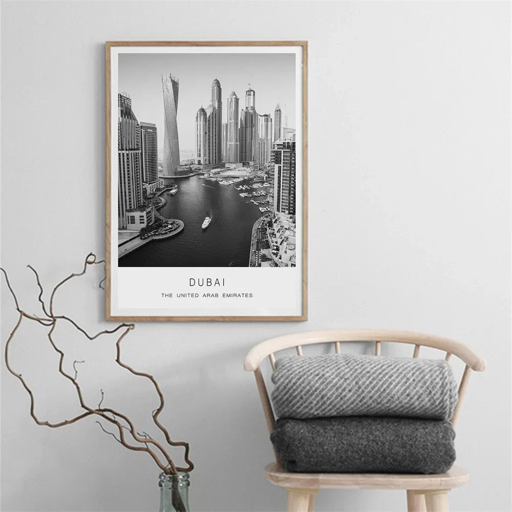 Dubai Skyline International Travel Wall Art Canvas Prints Black White Poster For Living Room Office Art Decor