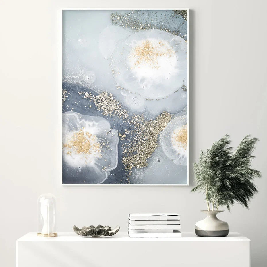 Blue White Golden Abstract Floral Wall Art Canvas Prints Poster For Modern Living Room Bedroom Decor