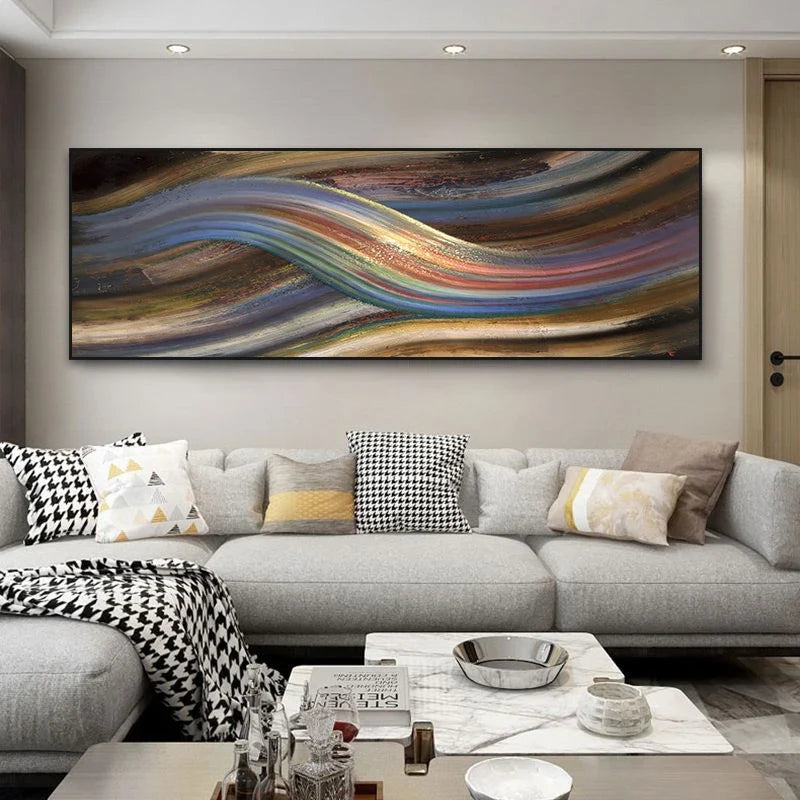 Flowing Rainbow Abstract Wall Art Canvas Print Wide Format Modern Poster For Above The Bed
