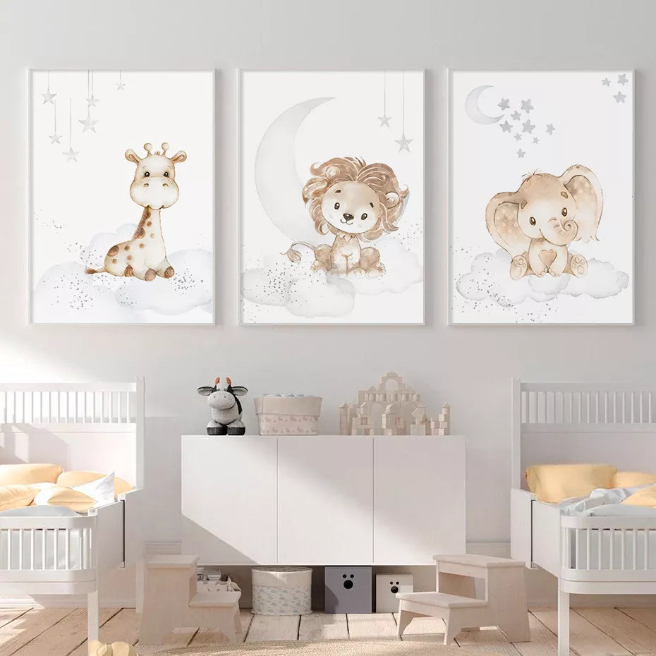 Baby Elephant Monkey Animals Nursery Wall Art Fine Art Canvas Prints Cute Pastel Poster For Baby's Room Kids Room Wall Decor