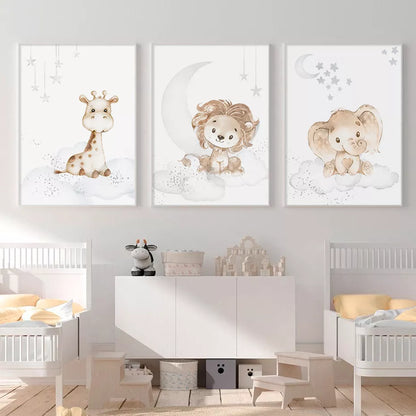Baby Elephant Monkey Animals Nursery Wall Art Fine Art Canvas Prints Cute Pastel Poster For Baby's Room Kids Room Wall Decor