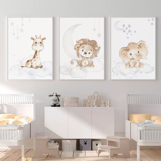 Baby Elephant Monkey Animals Nursery Wall Art Fine Art Canvas Prints Cute Pastel Poster For Baby's Room Kids Room Wall Decor