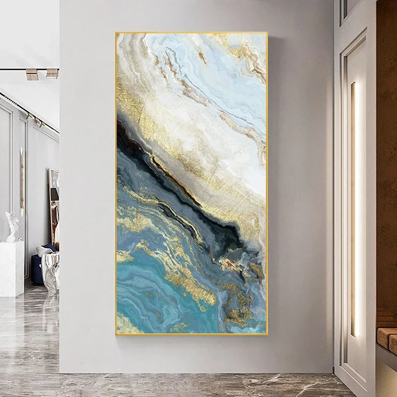 Blue Golden Liquid Marble Wall Art Canvas Prints For Modern Apartment Luxury Living Room Wall Decor