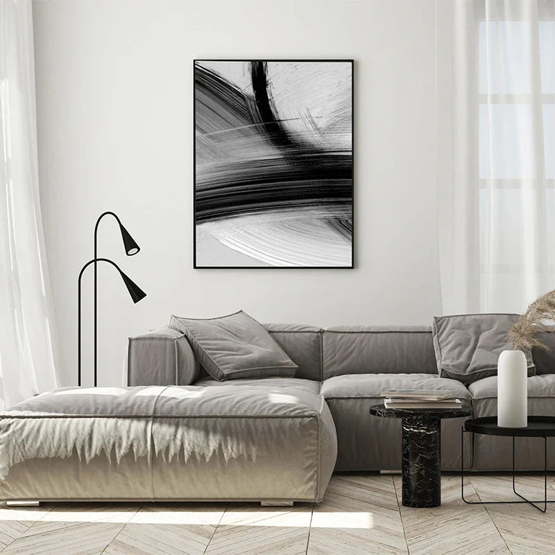 Flowing Brush Strokes Abstract Wall Art Canvas Prints Black and White Poster For Modern Apartment Living Room Bedroom Contemporary Interiors