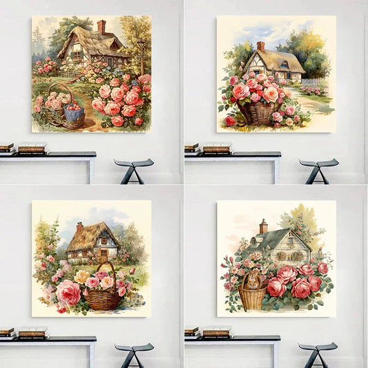 Shabby Chic Country House Pink Roses Garden Vintage Canvas Print Wall Art For Living Room Rustic Dining Room Kitchen Wall Décor