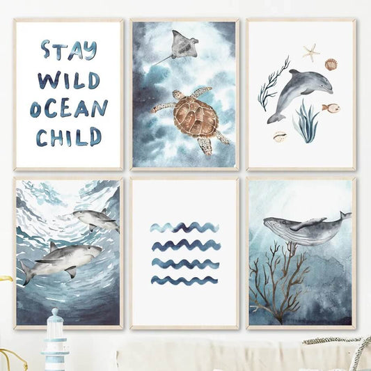 Shark Whale Dolphin Sea Turtle Ocean Canvas Prints Minimalist Nordic Wall Art Quotes Posters For Baby Kids Room Nursery Décor