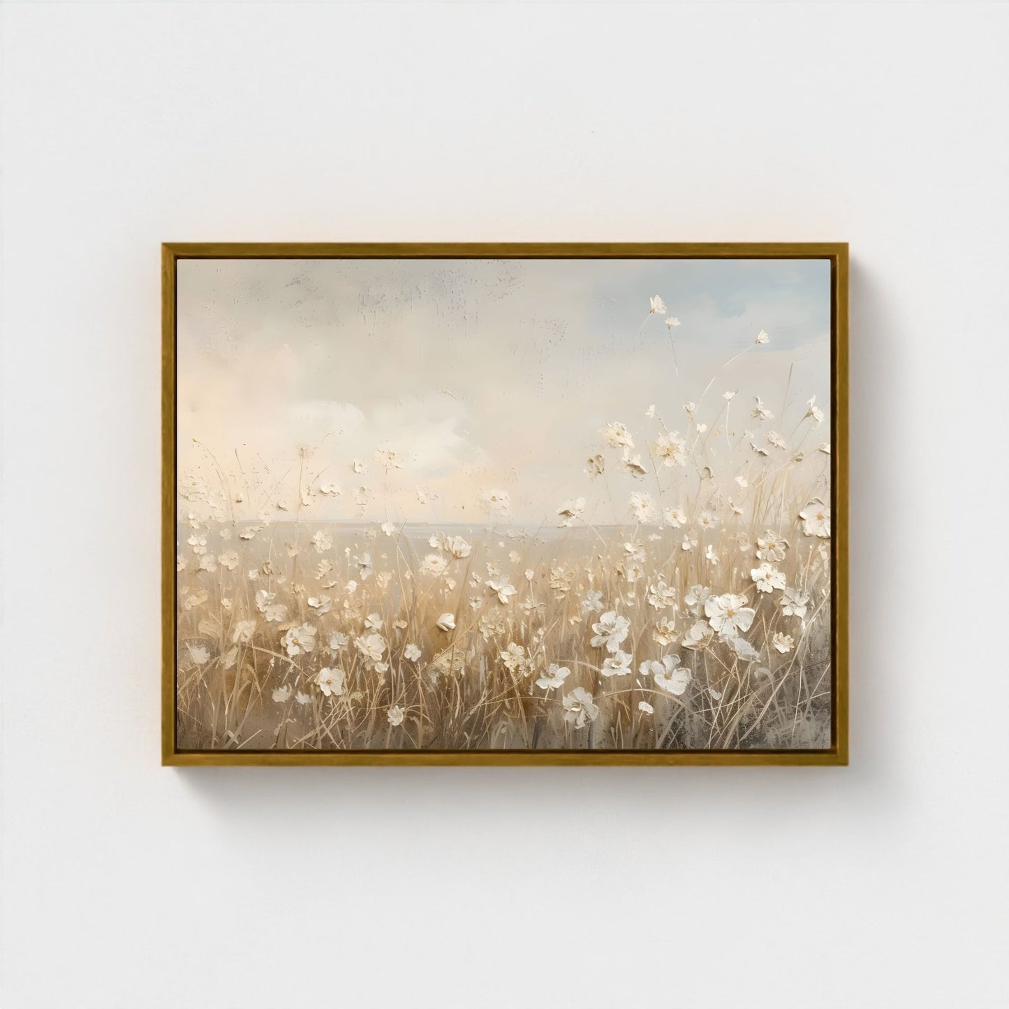Soft Beige Floral Field Framed Wall Art Canvas Print – Minimalist Neutral Meadow Art