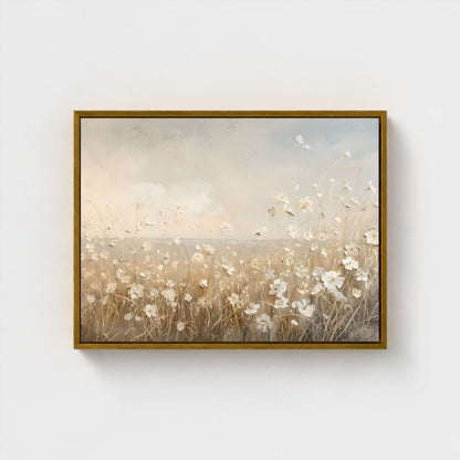 Soft Beige Floral Field Framed Wall Art Canvas Print – Minimalist Neutral Meadow Art