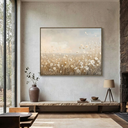 Soft Beige Floral Field Framed Wall Art Canvas Print – Minimalist Neutral Meadow Art