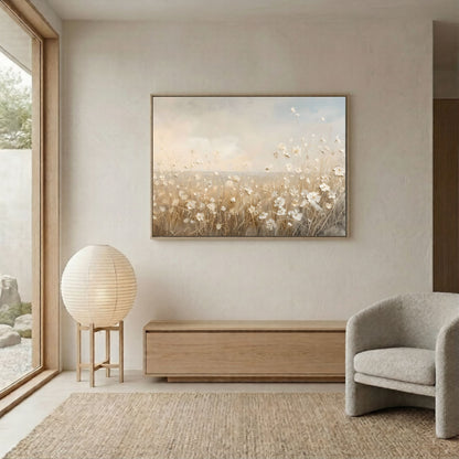 Soft Beige Floral Field Framed Wall Art Canvas Print – Minimalist Neutral Meadow Art