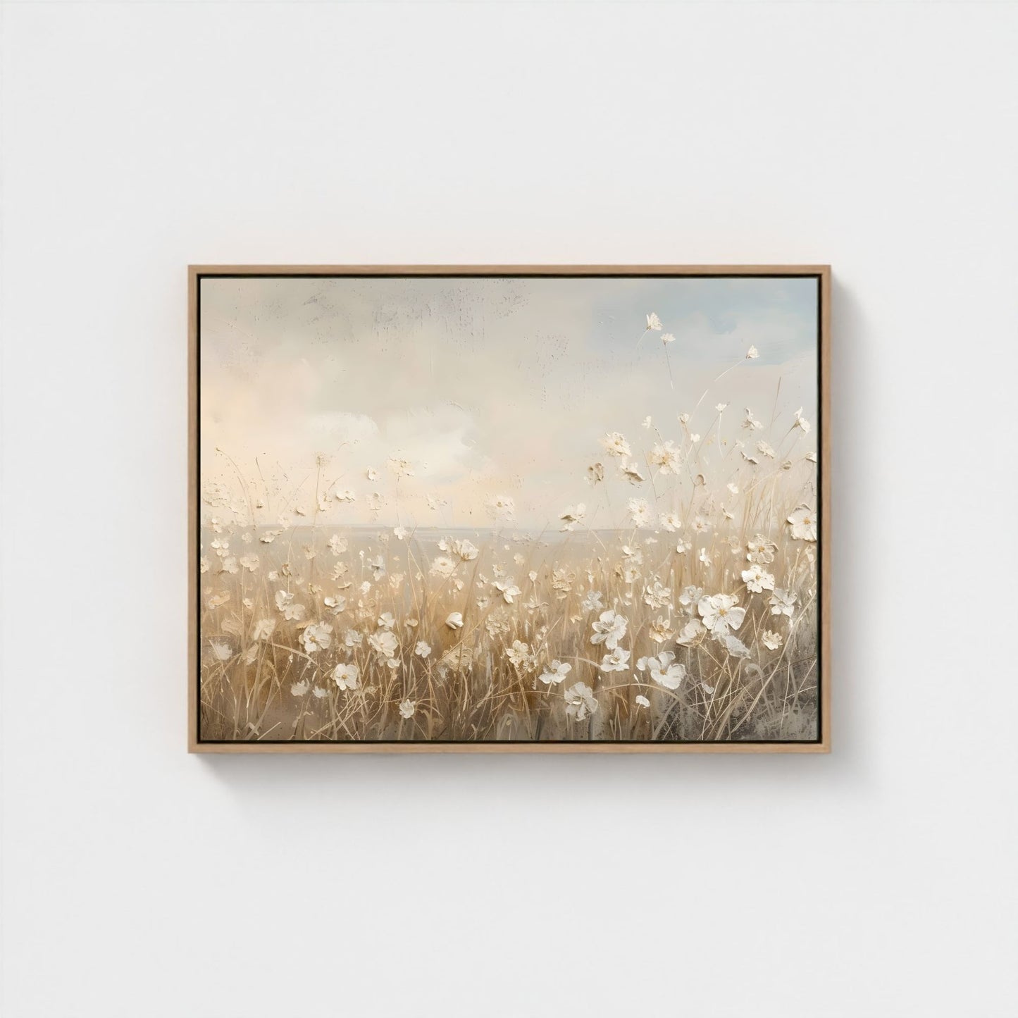Soft Beige Floral Field Framed Wall Art Canvas Print – Minimalist Neutral Meadow Art