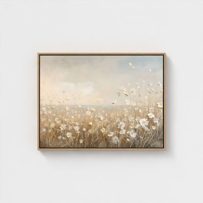 Soft Beige Floral Field Framed Wall Art Canvas Print – Minimalist Neutral Meadow Art