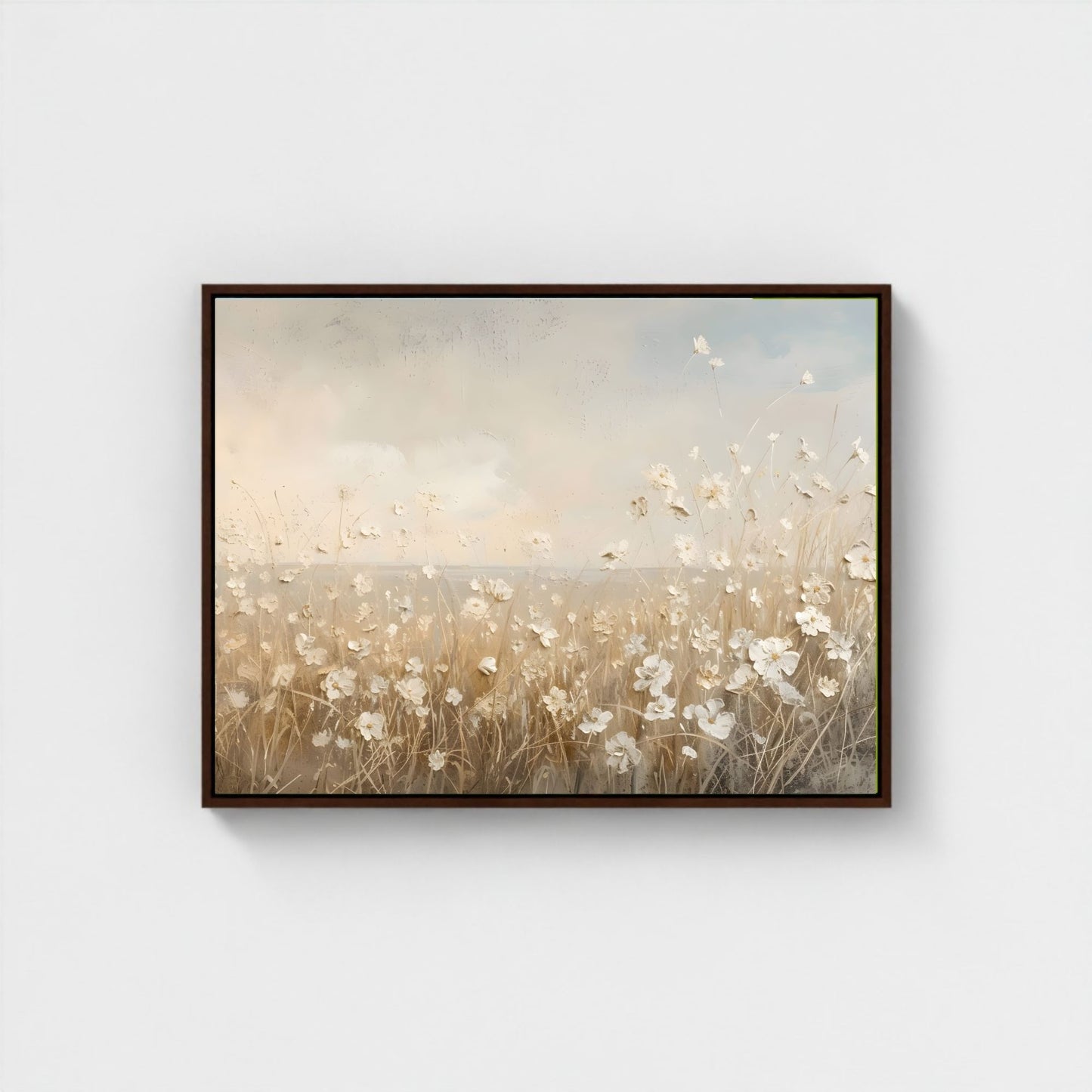 Soft Beige Floral Field Framed Wall Art Canvas Print – Minimalist Neutral Meadow Art