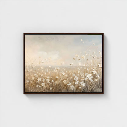 Soft Beige Floral Field Framed Wall Art Canvas Print – Minimalist Neutral Meadow Art