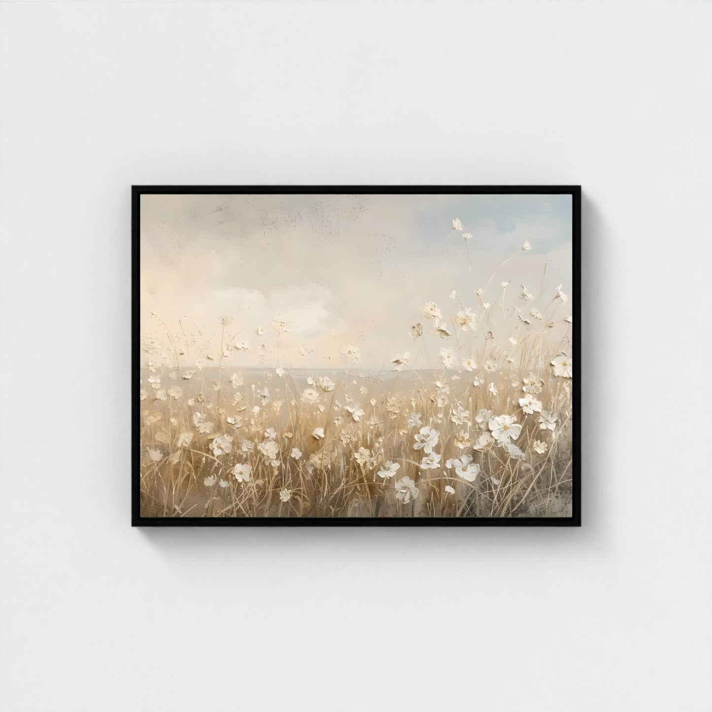 Soft Beige Floral Field Framed Wall Art Canvas Print – Minimalist Neutral Meadow Art