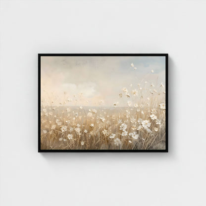 Soft Beige Floral Field Framed Wall Art Canvas Print – Minimalist Neutral Meadow Art