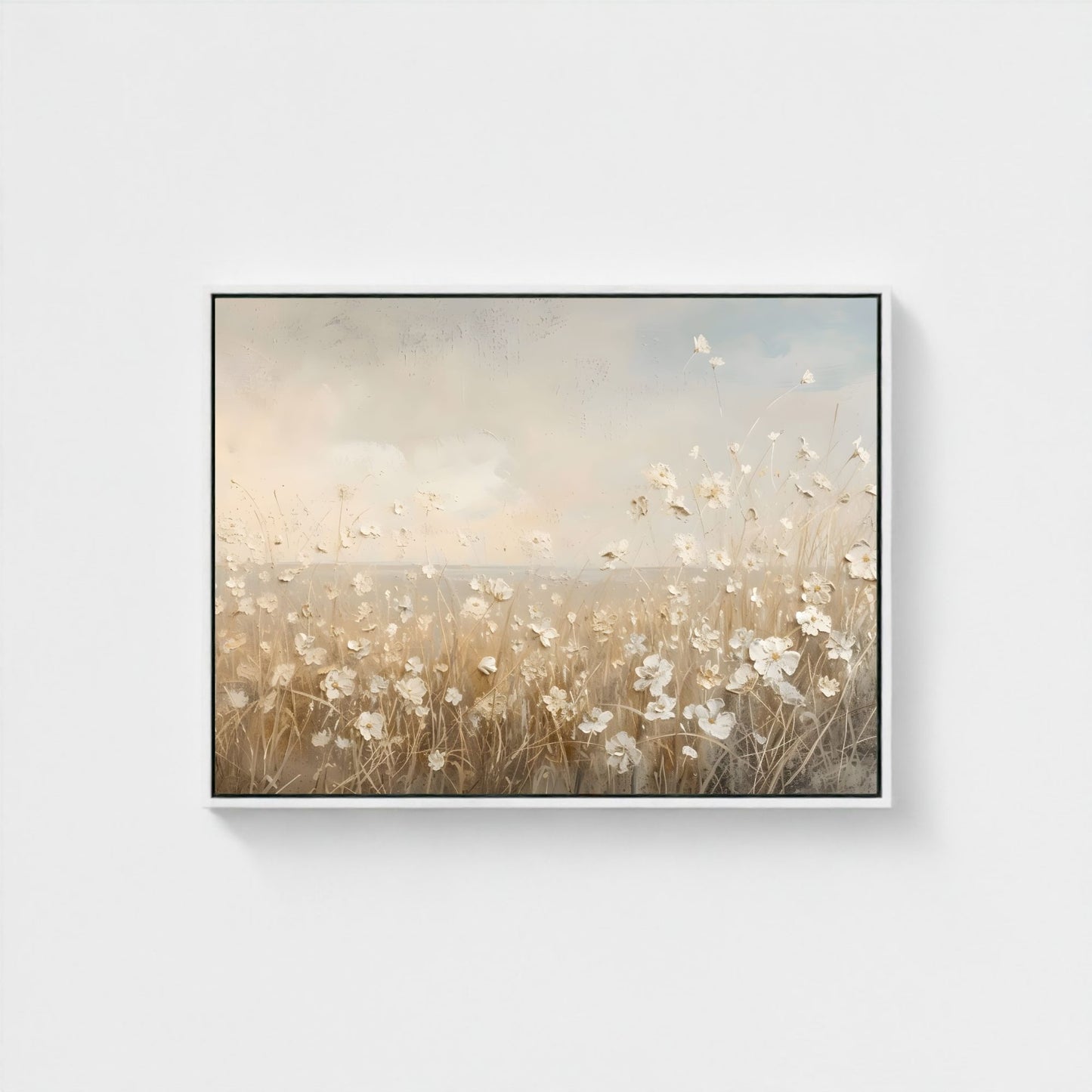 Soft Beige Floral Field Framed Wall Art Canvas Print – Minimalist Neutral Meadow Art