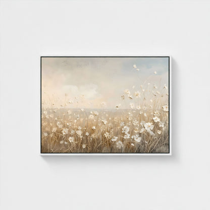 Soft Beige Floral Field Framed Wall Art Canvas Print – Minimalist Neutral Meadow Art